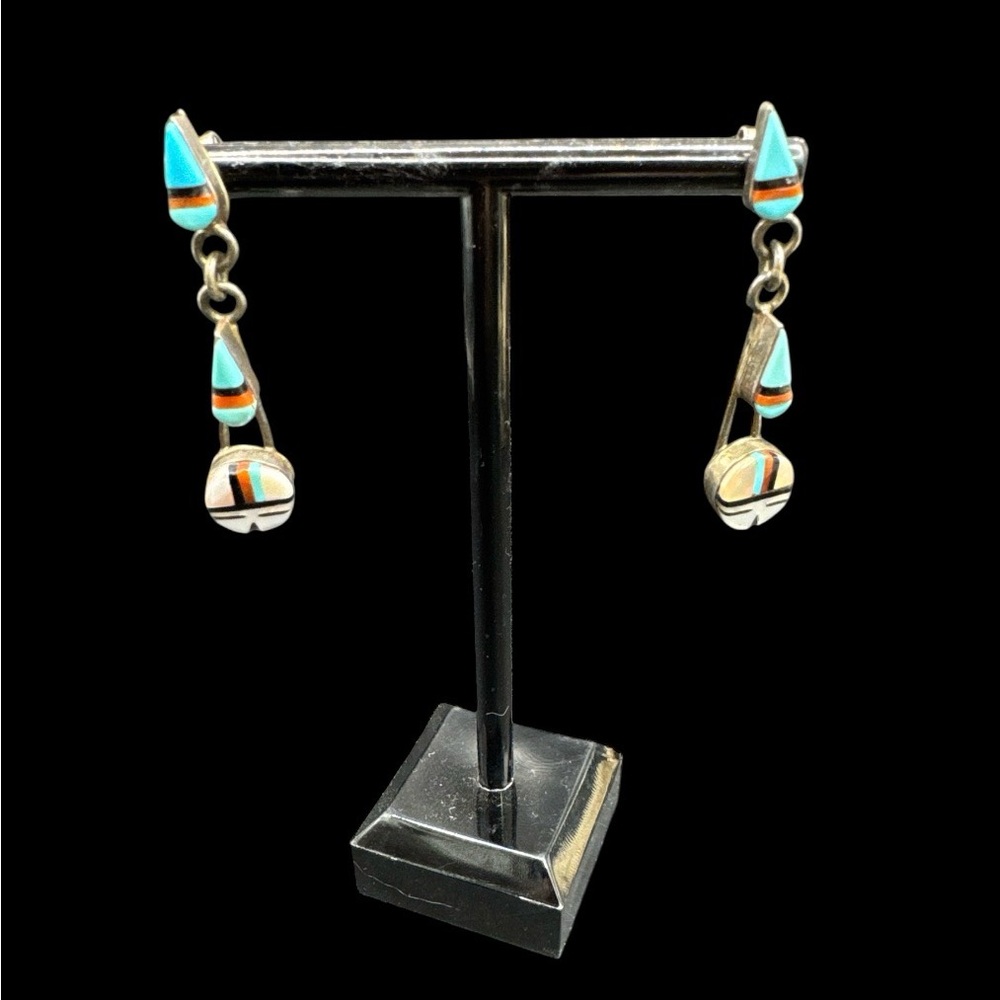 Vintage Sterling Silver Native American Zuni Pierced Earrings 1.75” - Picture 3 of 6